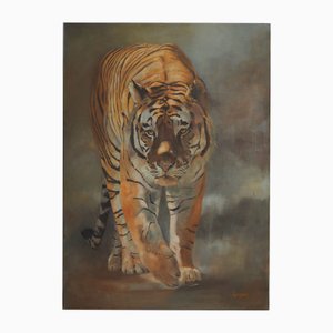 Sylvia Ajacques, Tigre caminando de frente, 2018, óleo sobre lienzo