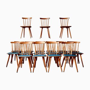 Sedie da bar grandi in legno e similpelle blu, Scandinavia, set di 20