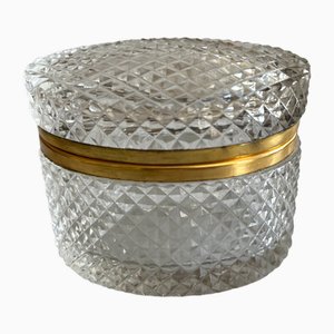 Mid-Century Modern French Oval Crystal Glass Jewelry Casket with Gilt Metal Rim, 1958
