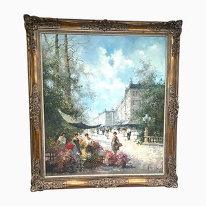 Christian Jereczek, Flower Market, 1960s, Oil on Canvas, Framed