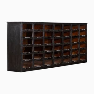 Monumental English Ebonised Pine Glazed Haberdashery Drawers, 1900