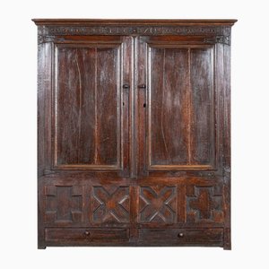 Large English Carved Oak Marriage Cabinet, 1704