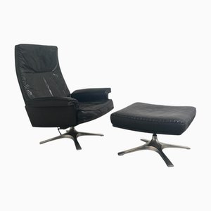 Set of Lounge Chair with Ottoman in Black Leather from De Sede