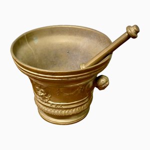 Large Heavy Brass Gothic Pestle and Mortar, 1900