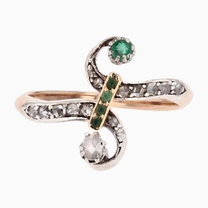 Antique 18 Karat Rose Gold Ring with Emerald and Diamond, 1800s
