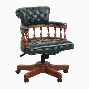 Dark Green Chesterfield Swivel Office Chair in Cowhide Leather and Wood