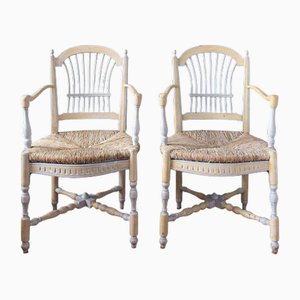 Provençal Painted Armchairs with Rush Seats, Set of 2