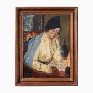 Portrait of Woman Reading, Oil on Canvas, Framed