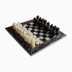 Vintage Black and Cream Marble Chess Board with Carved Pieces, Italy, 1960s, Set of 33