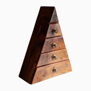 Vintage Wooden Jewelry Pyramide Chest with Drawers and Metal Inlays, Italy, 1970s