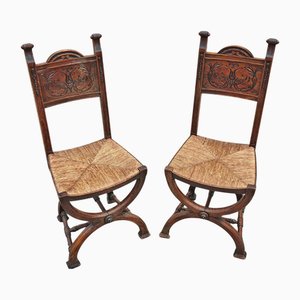 Neo-Renaissance Side Chairs in Oak with Rush Seats, 1890s, Set of 2