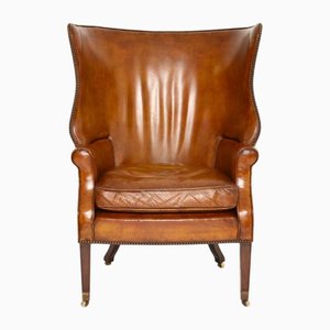 Antique Leather Barrel Back Wing Chair, 1910