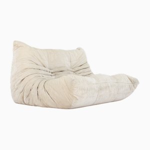 Divano a due posti Togo vintage di velluto beige di Michel Ducaroy per Ligne Roset, anni '80