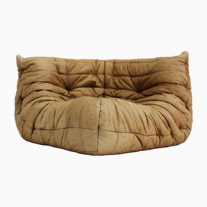 Silla esquinera Togo vintage de cuero coñac de Michel Ducaroy para Ligne Roset, años 80