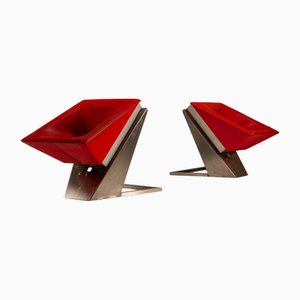 Vintage Sculptural Lounge Chairs in Metal and Red Leather, 1960s, Set of 2
