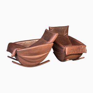 Sedia a dondolo vintage in pelle marrone di De Sede, Svizzera, anni '70, set di 2