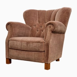 Vintage Danish Model 1518 Lounge Chair in Sand Beige Mohair Velvet from Fritz Hansen, 1940s