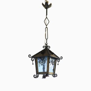 Arts and Crafts Laterne aus Schmiedeeisen & Blauem Glas, 1890er