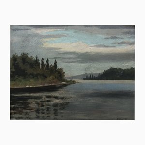 René Martin, Lake Landscape, 1903, Oil on Cardboard, Framed