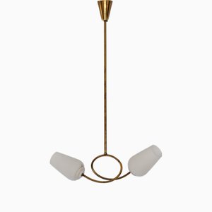 Brass Chandelier with Twin Opaline Glass Shades