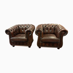Fauteuils Chesterfield Vintage en Cuir Marron, Set de 2