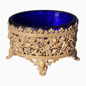 Salzstreuer aus vergoldeter Bronze & Kobaltglas, 19. Jh.