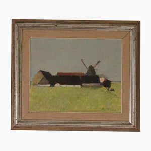 Evert Färhm, Bauernhaus, 1950er, Öl auf Holz, gerahmt