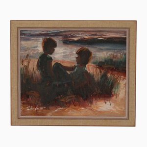 T. Larsson, Children on the Beach, anni '60, Olio su tela, con cornice