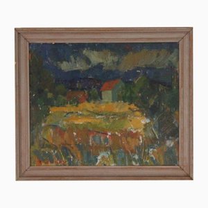 Sven Grandin, Paesaggio con casa, anni '50, Olio su tavola, con cornice