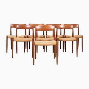 Mid-Century Danish Model 77 Chairs in Teak and Paper Cord attributed to Niels Otto Møller, Set of 8