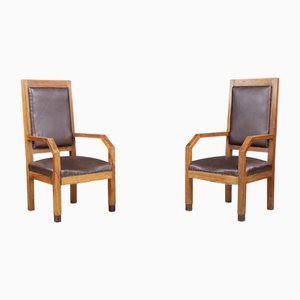 Poltrone vintage in quercia patinata e pelle di Giovanni Michelucci, anni '30, set di 2