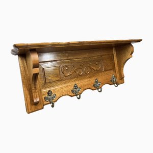 Vintage French Carved Oak 4-Hook Coat Rack