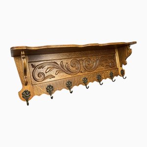 Vintage French Carved Oak 7-Hook Coat Rack