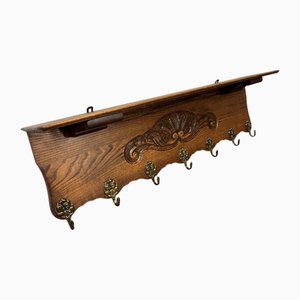 Vintage French Carved Oak 7-Hook Coat Rack