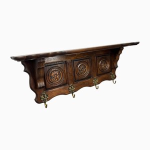 Vintage French Carved Oak Coat Rack with 4 Brass Hooks