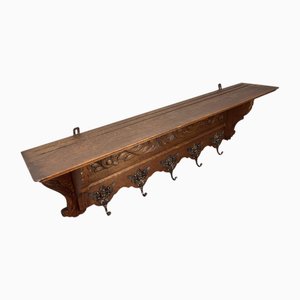 French Vintage Carved Oak Coat Rack with 5 Brass Angel Hooks