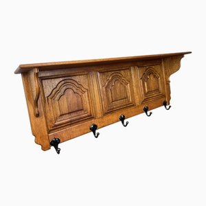 French Vintage Carved Oak Coat Rack with 5 Metal Hooks