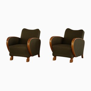 Swedish Art Deco Chairs in Elm and Green Wool, 1940s, Set of 2