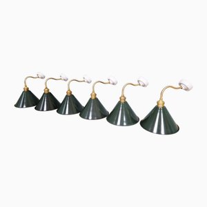 Industrial Wall Lights in Brass and Green Enamelled Sheet Metal, 1950s, Set of 6