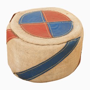 Wool Upholstered Wood Drum Stool with Jute and Red-Blue Leather Seat by Renate Müller, 1968