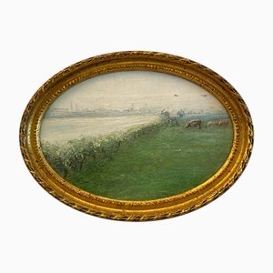 Vacas en el pasto, años 20, óleo sobre lienzo, enmarcado