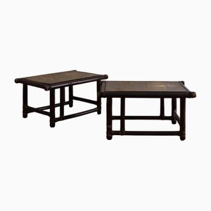 Vintage Wooden Tables with Leather Bindings from McGuire, 1970, Set of 2