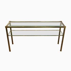 Vintage French Two-Tiered Console with Patinated Brass and Facet Glass Top