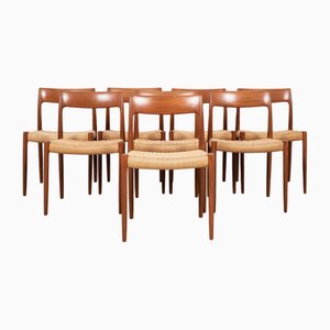 Vintage Danish Model 77 Chairs in Teak and Paper Cord by Niels Otto Møller, Set of 8
