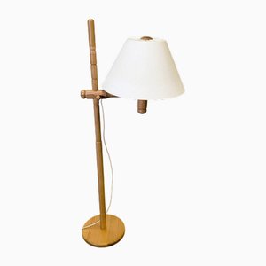 Scandinavian Pine Floor Lamp with Adjustable Arm and Linen Shade, 1970s