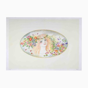 Felicita Frai, Portrait with a Garland of Flowers, Lithograph, 1980s