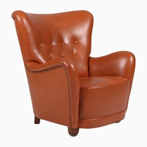 Danish Lounge Chair in Cognac Tan Leather, 1940s