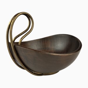 Mid-Century Handcrafted Wooden Bowl with Brass Handle from Grasoli, 1950s