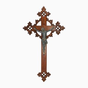 Antique Neo-Gothic Carved Oak Crucifix with Bronzed Spelter Corpus Christi, 19th Century