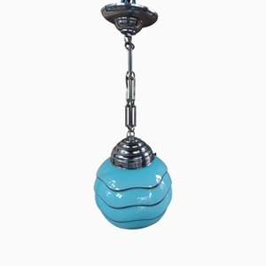 Bauhaus Blue and Silver Glass Globe Pendant Light, 1950s